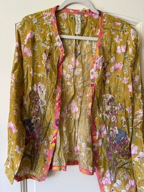 Aratta Mustard Floral Open Kimono with Pink Trim